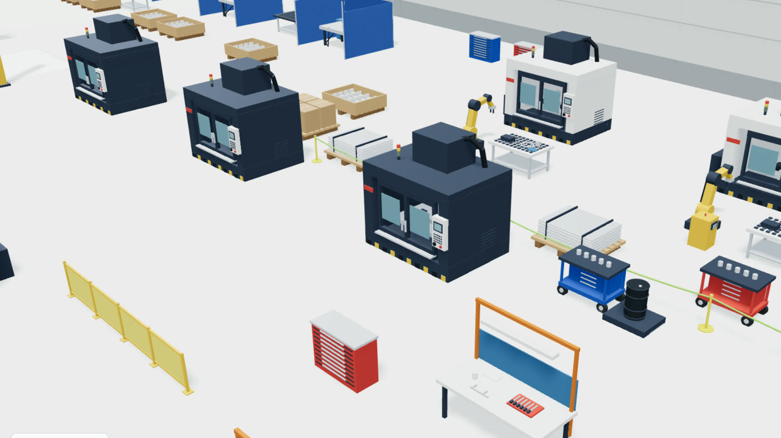 The reconstructed floor with robot cells in the console; a selected machine shows its name, category and the second of the walkthrough video it was seen in